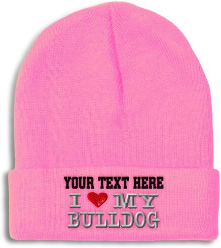 Custom Beanies for Men I Love My Bulldog Dog Pet English Skull Cap Winter Hats Women Acrylic One Size in Saudi Arabia