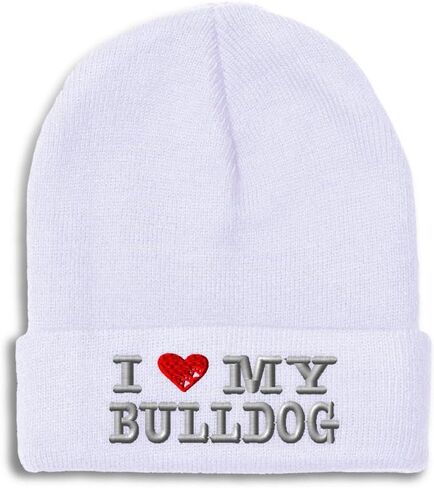 Custom Beanies for Men I Love My Bulldog Dog Pet English Skull Cap Winter Hats Women Acrylic One Size in Saudi Arabia