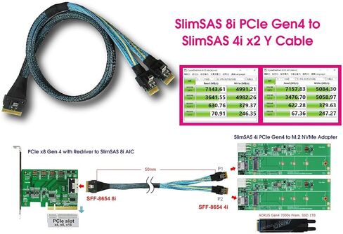 Micro SATA Cables | PCIe Gen 4 16GT/s SlimSAS 8i to 4i X2 Y Cable - 50CM Length in Saudi Arabia