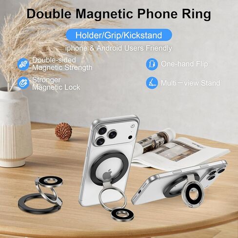 Magnetic Phone Ring for Magsafe Grip Cell Phone Grip Holder Stand Two-Sided Magnet Finger Ring Kickstand for Samsung Galaxy S25 Ultra S24 FE Z Flip7,iPhone 17 Pro Max 16e 16 Plus 15,Magnetic Car Mount in Saudi Arabia