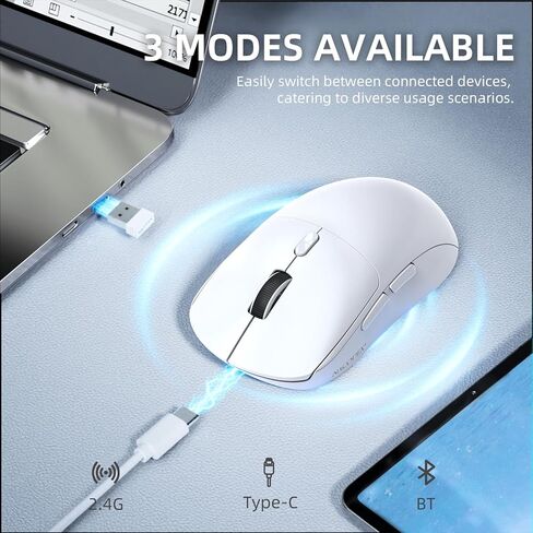 A.JAZZ NJ07 ماوس لاسلكي، 67 جرامًا خفيف الوزن للغاية، 3 أوضاع 2.4 جيجا/بلوتوث/USB-C، 6 DPI قابلة للتعديل حتى 12800، مستشعر بصري 1000 هرتز، تصميم مريح وعمر بطارية طويل، متوافق مع أجهزة الكمبيوتر الشخصية وأجهزة Mac-White in Kuwait