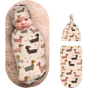 Cute Adorable Dachshund Dogs Newborns Beanie Swaddle Blanket Set Baby Receiving Blankets for 0-6m Infant Boy Girl Swaddle Blankets Wrap Soft Sleeping Sack in Saudi Arabia