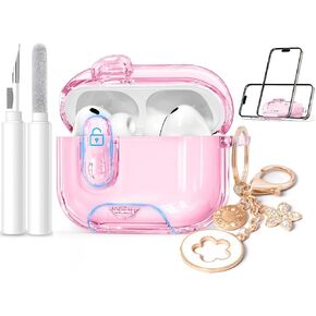 for AirPods Pro 3 Case 2025 with Safety Lock, Phone Stand & Floral Keychain | Soft Pink TPU Protective Cover with Cleaning Kit, Cute Girly Gift for Women Girls in Saudi Arabia
