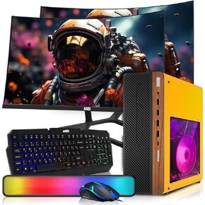HP Half Dark Desktop Computer PC Lambo AMD A10-9700, 16GB RAM, 512GB SSD, Dual 32 Inch Curved Monitor, RGB KBM with AI Copilot, WiFi, RGB Soundbar, Webcam, Windows 11 (Renewed) in Kuwait