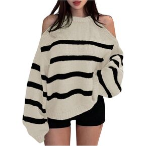 Verdusa Women's Striped Cold Shoulder Oversized Sweaters Streetwear Colorblock Pullover Knit Tops in Saudi Arabia