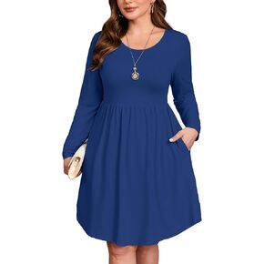 فستان AusLook نسائي مقاس كبير وأكمام طويلة متوسط ​​الطول كاجوال بخصر إمبراطوري فضفاض فساتين واسعة على شكل حرف a فستان طويل بوهو مع جيوب in Kuwait