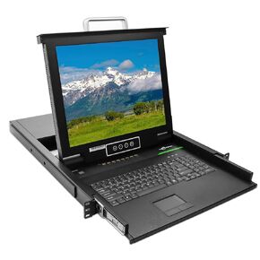 وحدة تحكم KVM مثبتة على حامل 1U، محول VGA KVM بـ 8 منافذ مع شاشة LCD مقاس 17 بوصة، لوحة مفاتيح بلوحة لمس، 8 × كابلات VGA متضمنة، التبديل عبر مصابيح LED باللوحة الأمامية، مفتاح التشغيل السريع للوحة المفاتيح أو العرض على الشاشة (OSD) in Kuwait