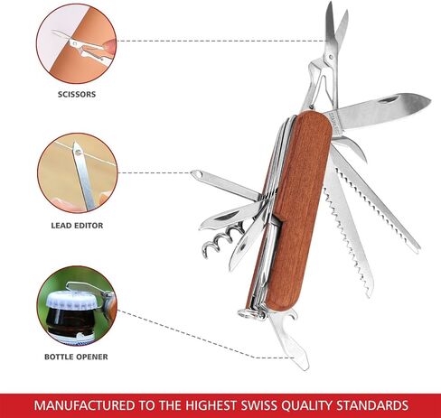 سويس إيجل، أدوات متعددة للجيب للاستخدام المنزلي والحملات، مقبض خشبي، ستانلس ستيل، أداة مساعدة 15 في 1 in Kuwait