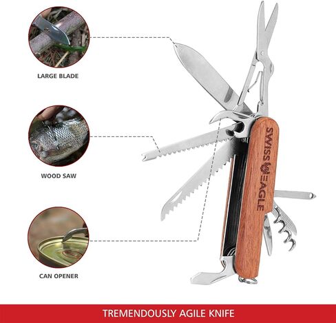 سويس إيجل، أدوات متعددة للجيب للاستخدام المنزلي والحملات، مقبض خشبي، ستانلس ستيل، أداة مساعدة 15 في 1 in Kuwait
