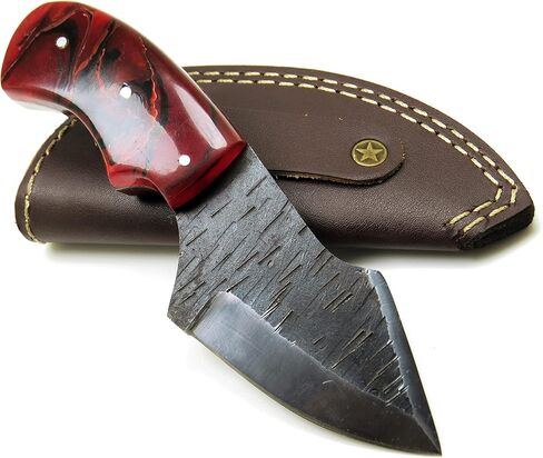 Premium Damascus Knife 6" Blade 3.5" W/Leather Pouch Multi Purpose Instruments Handle (Lava Red) in Kuwait