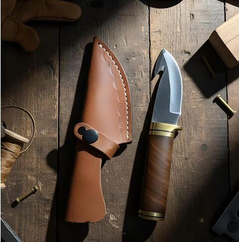 QASAS Handmade Hunting Knife Full Tang 8.5" Outdoor Survival Tracker Knifes | 4" Stainless Steel Gut Hook Blade 4.5" Ash Wood Handle with Brass Pommel | Bushcraft Camping Tactical Fixed Blade with Leather Sheath in Saudi Arabia