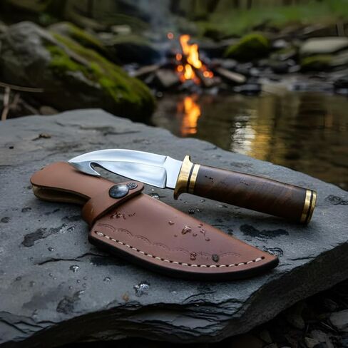 QASAS Handmade Hunting Knife Full Tang 8.5" Outdoor Survival Tracker Knifes | 4" Stainless Steel Gut Hook Blade 4.5" Ash Wood Handle with Brass Pommel | Bushcraft Camping Tactical Fixed Blade with Leather Sheath in Saudi Arabia