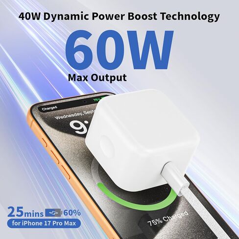 2 حزمة شاحن سريع iPhone 17/16/15،40W USB C محول Apple الديناميكي مع 60W Max 10FT نوع C-C كابل شحن سريع منسوج 40W Apple شاحن حائط لـ iPhone 17 Pro/17 Air/16e/16/15Plus، iPad Pro/Air/Mini in Kuwait