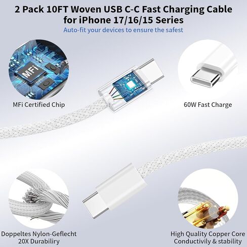 2 حزمة شاحن سريع iPhone 17/16/15،40W USB C محول Apple الديناميكي مع 60W Max 10FT نوع C-C كابل شحن سريع منسوج 40W Apple شاحن حائط لـ iPhone 17 Pro/17 Air/16e/16/15Plus، iPad Pro/Air/Mini in Kuwait
