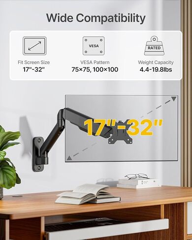 monTEK Single Monitor Wall Mount Bundle with VESA Extension Adapter, Full Motion Mechanical Spring Monitor Arm for 17–32 Inch Screens up to 19.8 lbs, Extended VESA Compatibility up to 300x300 in Saudi Arabia