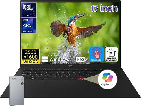 LG Gram 17 بوصة تعمل باللمس كمبيوتر محمول Copilot+ PC، Windows 11 Pro، 32 جيجابايت DDR5، 2 تيرابايت SSD، Intel Core Ultra 7 258V، شاشة لمس WQXGA مضادة للتوهج 17 بوصة، Wi-Fi 7، Dolby Atmos، لوحة مفاتيح بإضاءة خلفية، مع ملحقات in Saudi Arabia