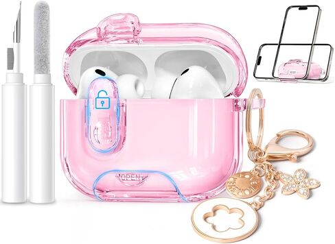 حافظة AirPods Pro 3 2025 مع قفل أمان وحامل هاتف وسلسلة مفاتيح على شكل زهور | غطاء واقٍ من مادة TPU باللون الوردي الناعم مع مجموعة أدوات التنظيف، هدية لطيفة للفتيات والنساء in Saudi Arabia