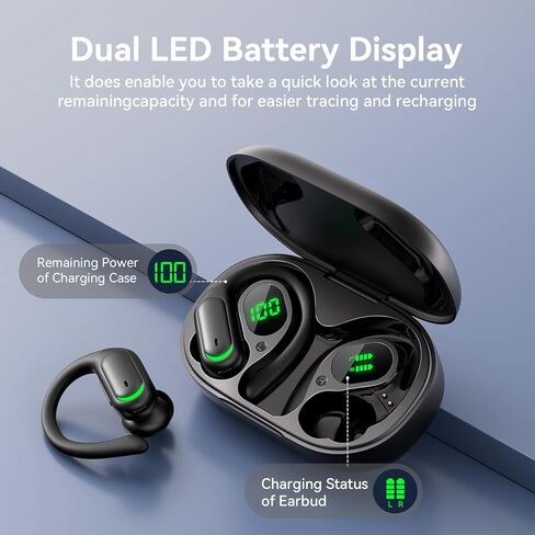 سماعات أذن لاسلكية بلوتوث 5.4، وقت تشغيل 96 ساعة، شاشة LED لعلبة الشحن اللاسلكي، سماعات رأس فوق الأذن، إلغاء الضوضاء ENC، صوت هاي فاي، مقاومة للماء IP7، للتدريبات الرياضية (أسود عميق) in Kuwait