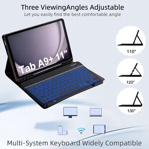 Keyboard Case for Samsung Galaxy Tab A9+ / A11+ Plus 2023/2025 11 Inch, Mouse and Detachable Wireless Keyboard, 7 Color Backlit Slim Case with Pen Slot for Tablet A9+ 5G.(7 C Black) in Saudi Arabia