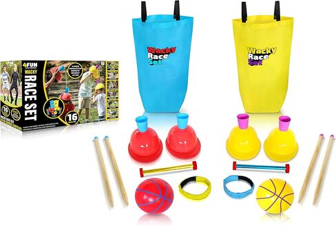 مجموعة سباق Wacky من 4FUN - ألعاب الفناء الخارجية الممتعة للعائلة - تتضمن المجموعة سباق كيس القفز، ومشي الركبة، ودفع الأنف، ومرحل خوذة الماء، وسباق ثلاثي الأرجل، وWizzy Dizzy - رائعة للأعمار من 3 سنوات فما فوق in Saudi Arabia