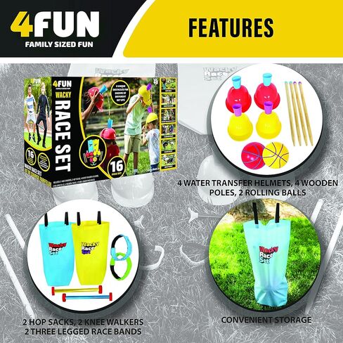 مجموعة سباق Wacky من 4FUN - ألعاب الفناء الخارجية الممتعة للعائلة - تتضمن المجموعة سباق كيس القفز، ومشي الركبة، ودفع الأنف، ومرحل خوذة الماء، وسباق ثلاثي الأرجل، وWizzy Dizzy - رائعة للأعمار من 3 سنوات فما فوق in Saudi Arabia