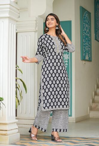 Yash Gallery Women's Rayon Floral Printed Straight Kurta Set with Zig-Zag Printed Pants For Summer in Saudi Arabia