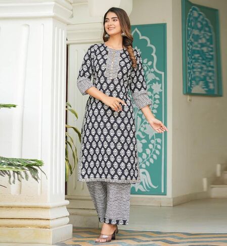 Yash Gallery Women's Rayon Floral Printed Straight Kurta Set with Zig-Zag Printed Pants For Summer in Saudi Arabia