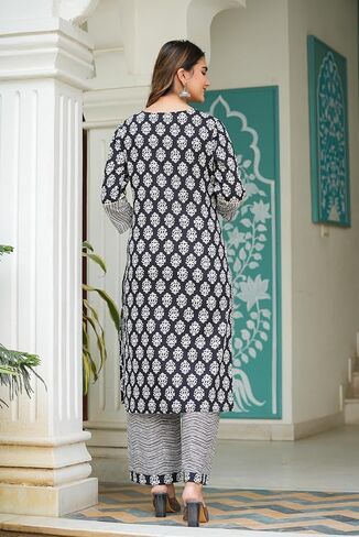 Yash Gallery Women's Rayon Floral Printed Straight Kurta Set with Zig-Zag Printed Pants For Summer in Saudi Arabia