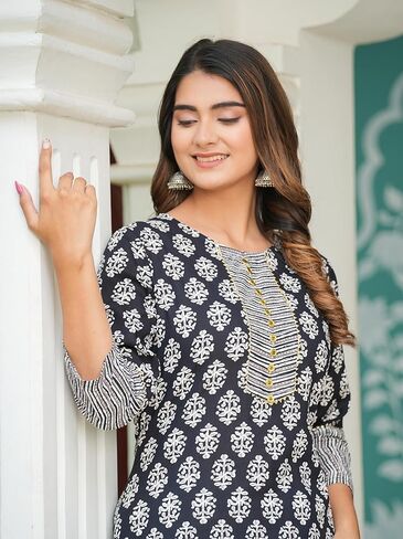 Yash Gallery Women's Rayon Floral Printed Straight Kurta Set with Zig-Zag Printed Pants For Summer in Saudi Arabia