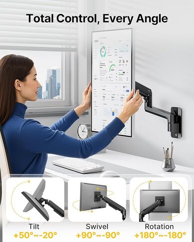 monTEK Ultra Wide Wall Mount Monitor Arm Bundle with VESA Expansion Adapter Kit, Heavy-Duty Gas Spring Wall Mount for 17"–49" Screens up to 44 lbs, Includes Adapter Extending VESA to 200x200 & 300x300 in Saudi Arabia