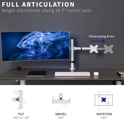 VIVO Premium Dual Ultra Wide LCD LED 27 to 38 inch Monitor Desk Mount, Heavy Duty, Adjustable Telescoping Arms, Flush Wall Setup, Fits 2 Screens, White, STAND-TS38CW in Saudi Arabia