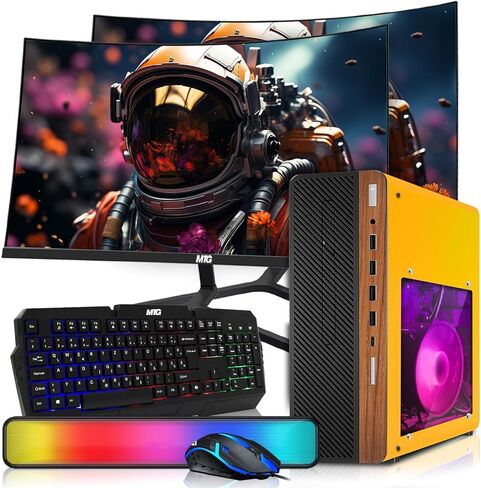 HP Half Dark Desktop Computer PC Lambo AMD A10-9700, 16GB RAM, 512GB SSD, Dual 32 Inch Curved Monitor, RGB KBM with AI Copilot, WiFi, RGB Soundbar, Webcam, Windows 11 (Renewed) in Kuwait