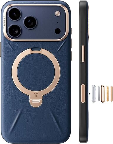 حافظة TORRAS Q3 VegSkin لهاتف iPhone 17 Pro Max مصنوعة من الجلد، حامل مغناطيسي يدور 360 درجة، مناسب لـ MagSafe، التحكم في الكاميرا، حافظة هاتف من الجلد السيليكون العضوي الممتاز المقاوم للصدمات لهاتف iPhone 17 Pro Max، أزرق غامق in Kuwait