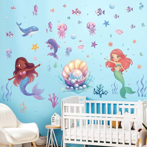 SHUCHING Under The Sea Mermaid Wall Sticker, Ocean Fish Wall Decal, Wall Decor for Girls Bedroom Baby Nursery Bathroom in Saudi Arabia