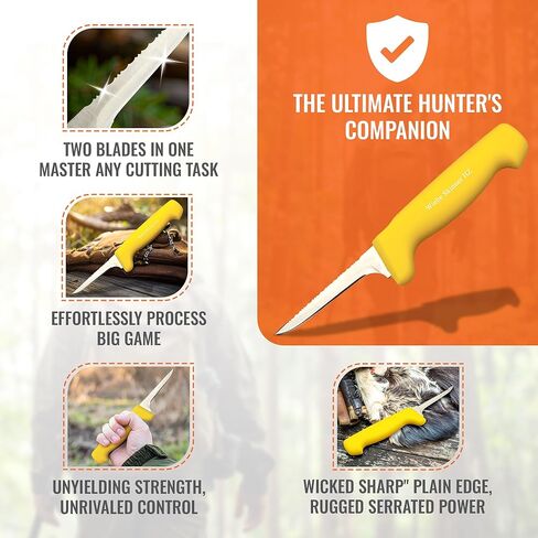 Wiebe Skinner HZ Dual-Sided Hunting Knife – 4" Fixed Blade with Serrated Saw Edge & Wicked Sharp Plain Edge – Full Tang, Ultimate Skinning & Processing Tool for Big Game, Deer in Kuwait
