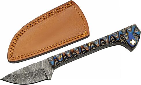 SZCO SANZ Damascus Hunting Knife 6.5 Inch - Brown Camping Knife with Pakkawood Handle, Full Tang Blade & Sheath for Hunting, Camping & Outdoor uses - Knives for Men in Saudi Arabia