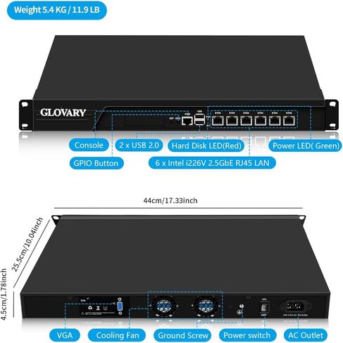 1U Rackmount Firewall i5 3320M، 6 x i226V 2.5GbE LAN OPNsense Hardware، U6، AES-NI، 8 جيجا رام 128 جيجا SSD، جهاز توجيه مختبر منزلي 19 بوصة، جهاز جدار حماية الشبكة، VGA، COM in Kuwait