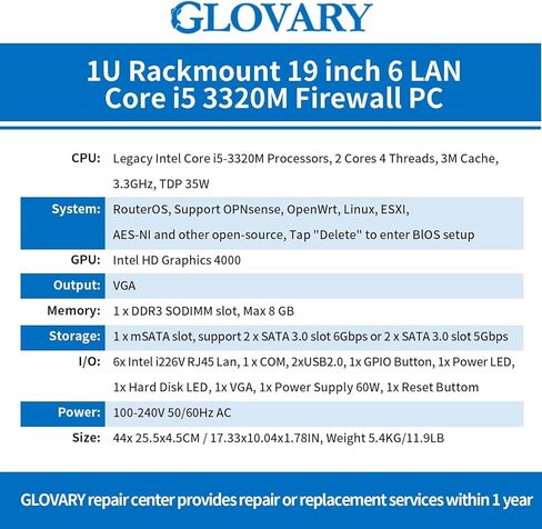 1U Rackmount Firewall i5 3320M، 6 x i226V 2.5GbE LAN OPNsense Hardware، U6، AES-NI، 8 جيجا رام 128 جيجا SSD، جهاز توجيه مختبر منزلي 19 بوصة، جهاز جدار حماية الشبكة، VGA، COM in Kuwait