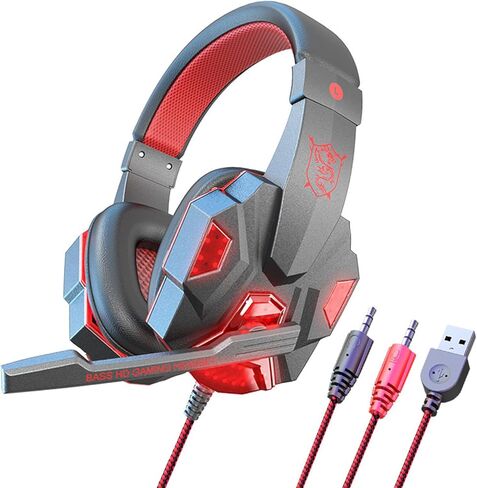 سماعة ألعاب ستيريو لجهاز PS4 PC Xbox One PS5، سماعات رأس بخاصية إلغاء الضوضاء فوق الأذن مع ميكروفون، ضوء LED، صوت محيطي 7.1، أغطية أذن ذات ذاكرة ناعمة لجهاز Nintendo Xbox Series X|S-أسود/أحمر in Saudi Arabia