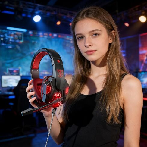 سماعة ألعاب ستيريو لجهاز PS4 PC Xbox One PS5، سماعات رأس بخاصية إلغاء الضوضاء فوق الأذن مع ميكروفون، ضوء LED، صوت محيطي 7.1، أغطية أذن ذات ذاكرة ناعمة لجهاز Nintendo Xbox Series X|S-أسود/أحمر in Saudi Arabia