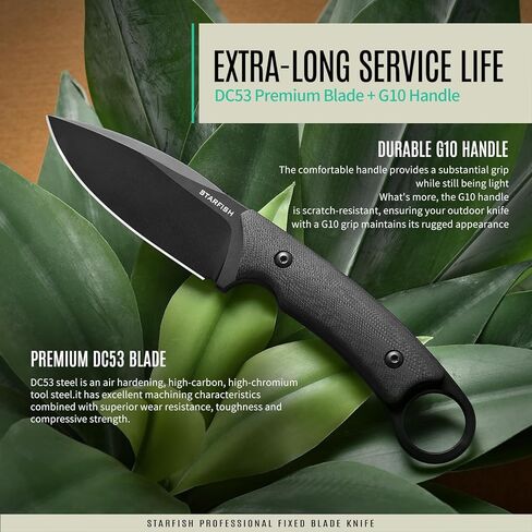 STARFISH 3.5 "سكين كامل تانغ ذو نصل ثابت، DC53 شفرة مطلية بالتيتانيوم الصلب G10 مقبض سكاكين باوي مع غمد للتخييم والمشي لمسافات طويلة والبقاء على قيد الحياة in Kuwait