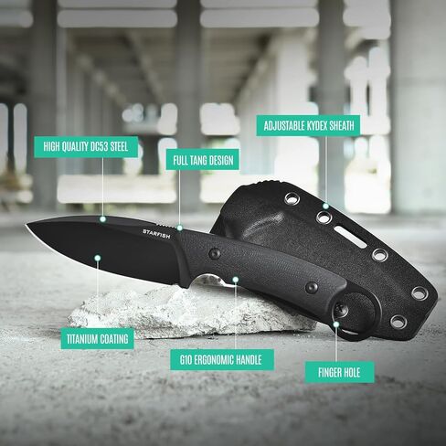 STARFISH 3.5 "سكين كامل تانغ ذو نصل ثابت، DC53 شفرة مطلية بالتيتانيوم الصلب G10 مقبض سكاكين باوي مع غمد للتخييم والمشي لمسافات طويلة والبقاء على قيد الحياة in Kuwait