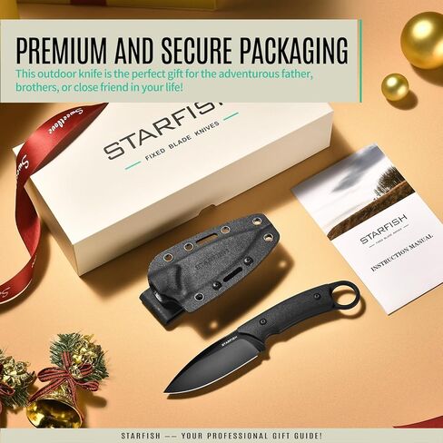 STARFISH 3.5 "سكين كامل تانغ ذو نصل ثابت، DC53 شفرة مطلية بالتيتانيوم الصلب G10 مقبض سكاكين باوي مع غمد للتخييم والمشي لمسافات طويلة والبقاء على قيد الحياة in Kuwait