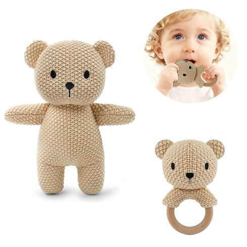 دمية كروشيه محشوة مقاس 10 بوصات مع خشخيشة، دمية كروشيه ناعمة من القطن الخالص، لعبة قطيفة لحديثي الولادة، هدية استحمام مصنوعة يدويًا وهدية عيد الميلاد الأول in Kuwait