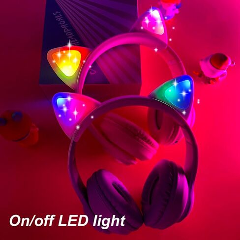 سماعات أذن لاسلكية للقطط للأطفال - سماعة بلوتوث 5.3 بإضاءة LED مع مفتاح تشغيل/إيقاف، قابلة للتعديل وقابلة للطي ومثالية للتعلم/الهدايا/الفتيات/الأولاد/البالغين (وردي جديد) in Kuwait