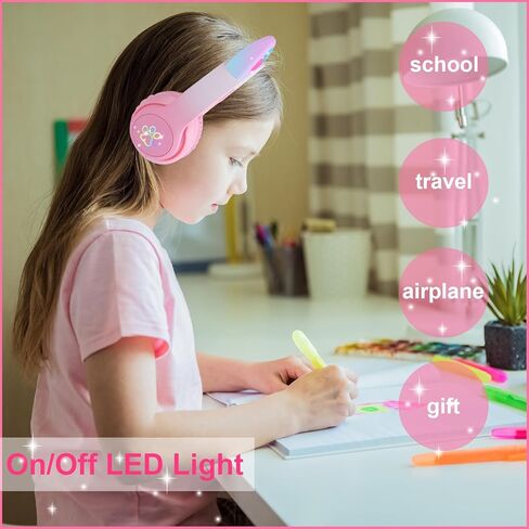 سماعات أذن لاسلكية للقطط للأطفال - سماعة بلوتوث 5.3 بإضاءة LED مع مفتاح تشغيل/إيقاف، قابلة للتعديل وقابلة للطي ومثالية للتعلم/الهدايا/الفتيات/الأولاد/البالغين (وردي جديد) in Kuwait
