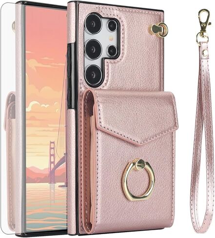 Asuwish Phone Case for Samsung Galaxy S25 Ultra 5G Wallet Cover with Tempered Glass Screen Protector and RFID Blocking Ring Stand Credit Card Holder Cell S25Ultra 25S S 25 25Ultra Women Men Rose Gold in Kuwait