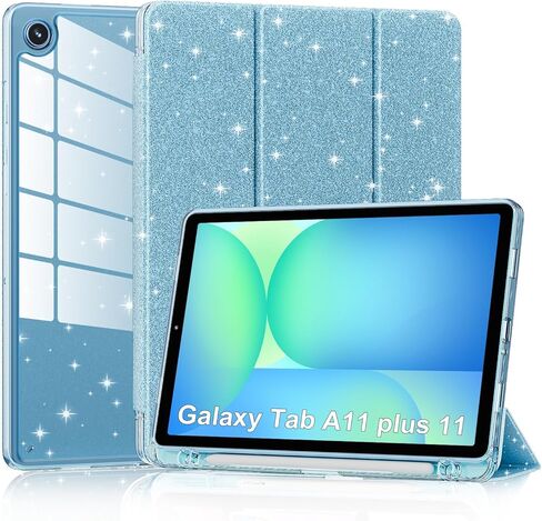 Lainergie Case for Samsung Galaxy Tab A11+/A9+ Plus 11 Inch 2026/2023, Cute Glittering Sparkly Shockproof Cover with Sparkly Crystal Clear Back and Pencil Holder for Galaxy Tab A11+/A9+, Blue in Saudi Arabia