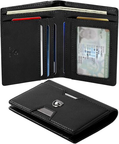 محفظة GSOIAX للرجال نحيفة RFID بجيب أمامي ثنائي الطي محفظة جلدية بمشبك نقود 10-12 بطاقة محفظة رجالي مع نافذة لبطاقة الهوية رفيعة وبسيطة وحامل بطاقة ائتمان هدايا عيد ميلاد للرجال أسود كربوني in Kuwait