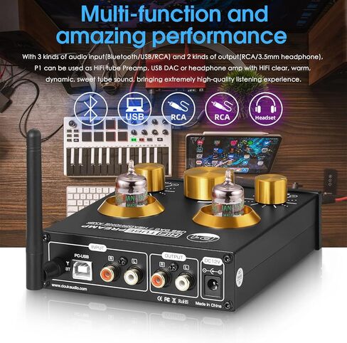 Douk Audio P1 Vacuum Tube Preamp & GE JAN 5654W حزمة الأنابيب المتطابقة: ترقية صوت ممتازة مع بلوتوث APTX-HD، USB DAC، مضخم صوت سماعة الرأس in Saudi Arabia